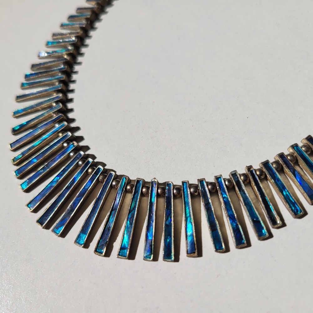 vintage Artisan Statement Turquoise Abalone Inlay Bib Necklace Blue Southwest - Picture 3 of 11
